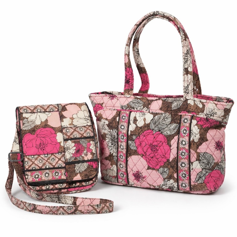 Vera Bradley Mocha Rouge 2 Pc Tote Crossbody Bag Set Pink Brown Floral Retired